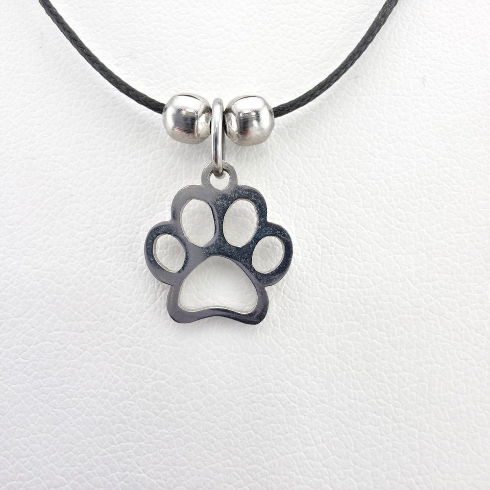 Dog Paw Print Necklace Cutout Charm Pendent Black Cord Adjustabl Silver Tone 16"